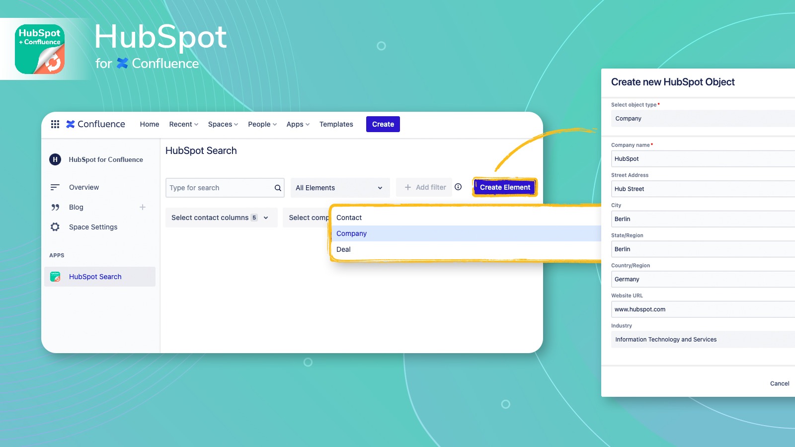 Create HubSpot objects in Confluence